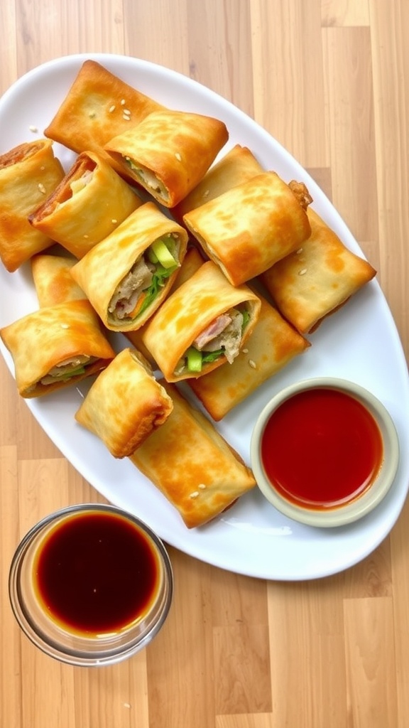 A plate of crispy air fryer egg rolls with dipping sauces on a wooden table.